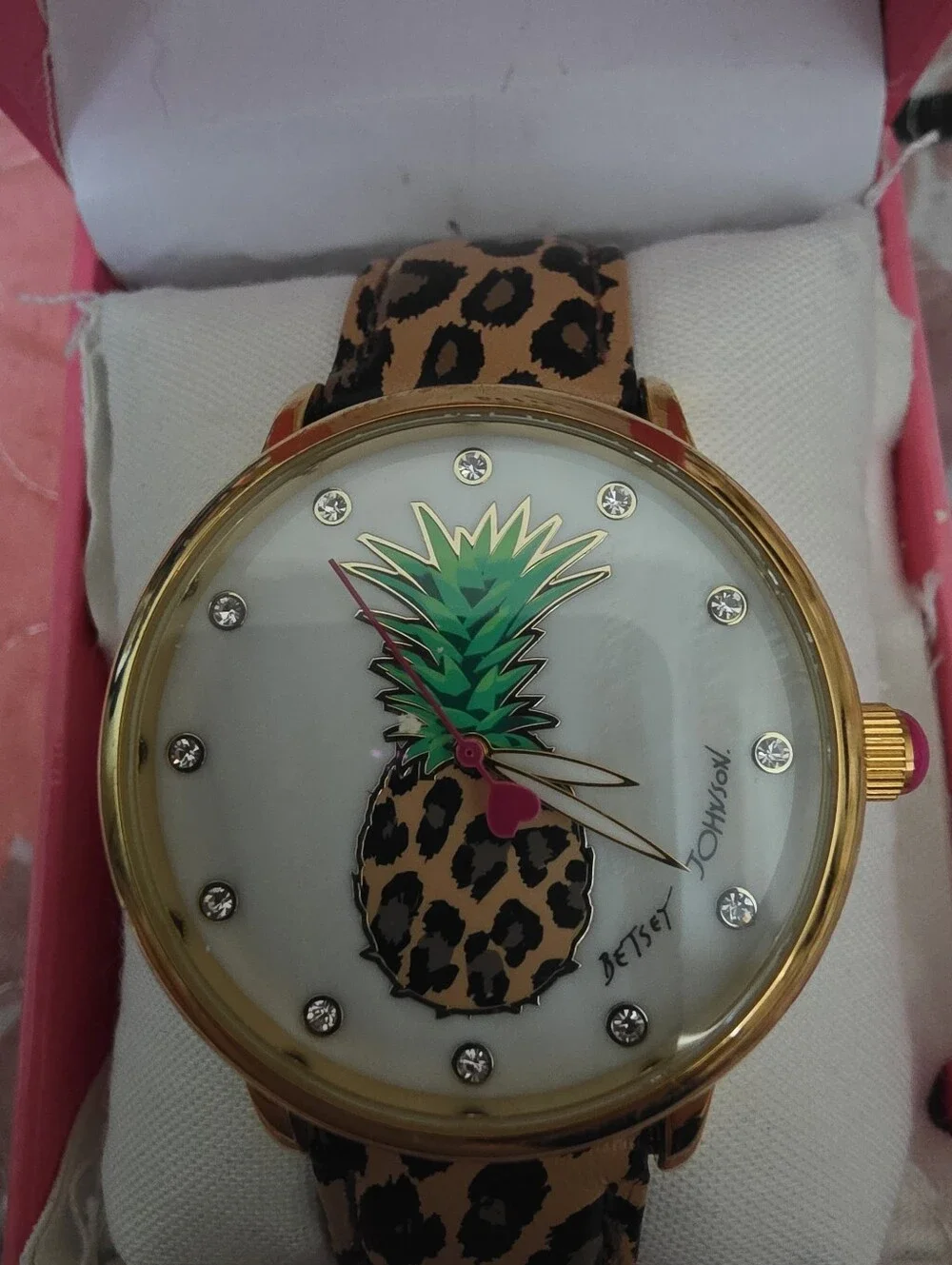 Betsey Johnson Leopard Pineapple Watch - Pink/Brown Strap
